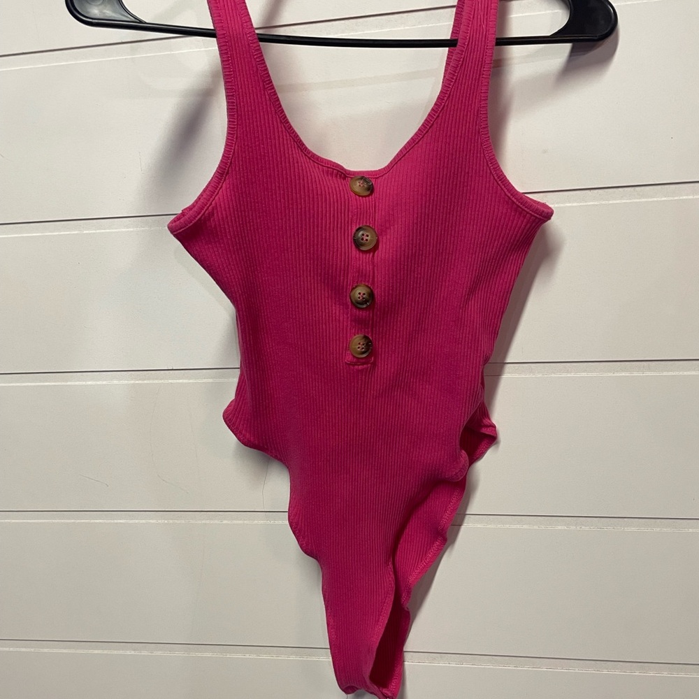 Pink Ribbed Bodysuit with Button Detail